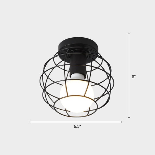 Industrial Metal Flush Ceiling Light Fixture - Cage Style Small Aisle 1 Head Black Flushmount