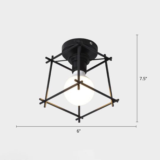 Industrial Metal Flush Ceiling Light Fixture - Cage Style, Small Aisle, 1 Head Black Flushmount Lighting