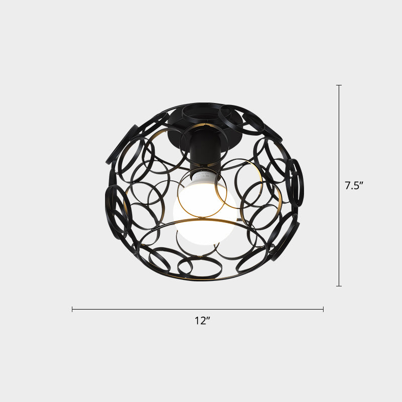 Industrial Metal Flush Ceiling Light Fixture - Cage Style, Small Aisle, 1 Head Black Flushmount Lighting
