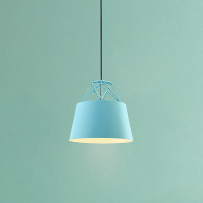 Tapered Macaron Pendant Ceiling Lamp - Metal Single-Bulb Suspension Fixture For Cafes Blue
