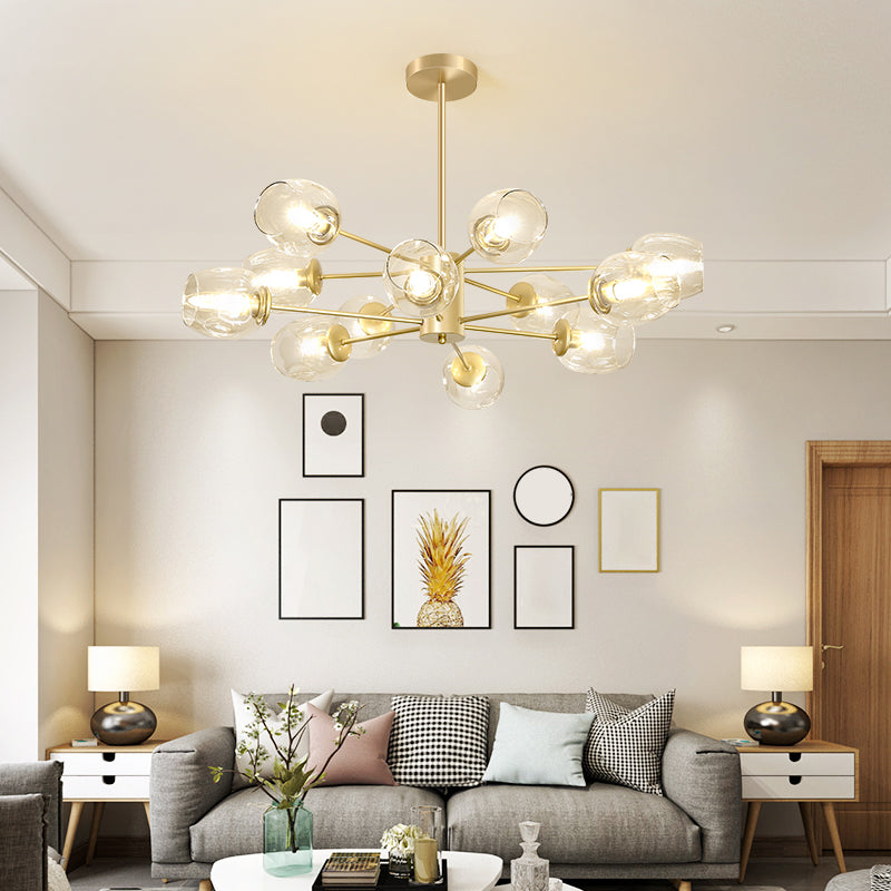 Gold Finish Dimpled Glass Cup Chandelier - Postmodern Hanging Lamp For Living Room