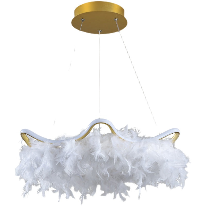 Wavy Metal Nordic White-Gold Led Chandelier With Feather Deco - Elegant Suspension Lighting White /