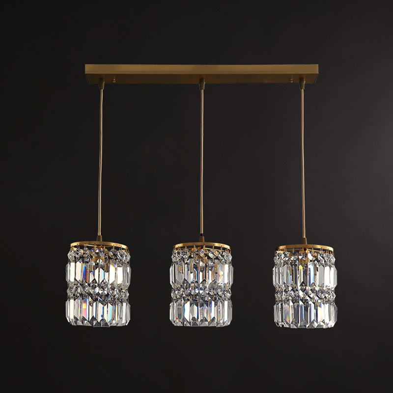 Minimalist Gold Pendant Light Fixture: Crystal Cylindrical Multi-Light Pendant, 3-Light Hanging Design for Dining Room