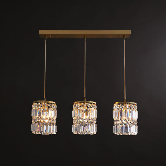Minimalist Gold Pendant Light Fixture: Crystal Cylindrical Multi-Light Pendant, 3-Light Hanging Design for Dining Room