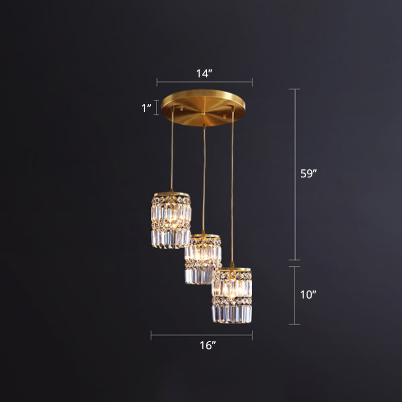 Minimalist Gold Pendant Light Fixture: Crystal Cylindrical Multi-Light Pendant, 3-Light Hanging Design for Dining Room