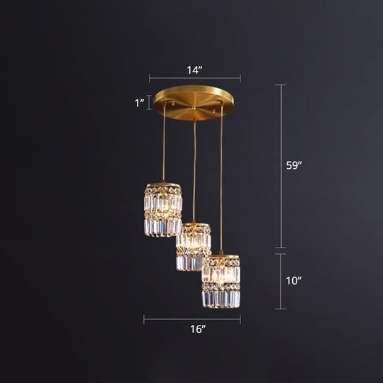 Minimalist Gold Pendant Light Fixture: Crystal Cylindrical Multi-Light Pendant, 3-Light Hanging Design for Dining Room
