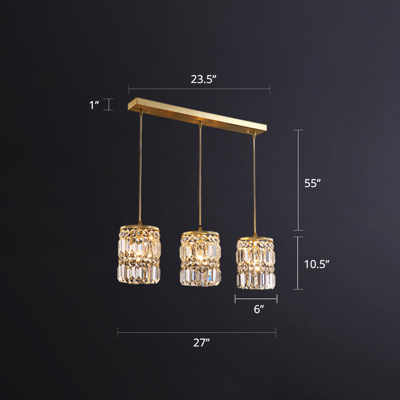 Minimalist Gold Pendant Light Fixture: Crystal Cylindrical Multi-Light Pendant, 3-Light Hanging Design for Dining Room