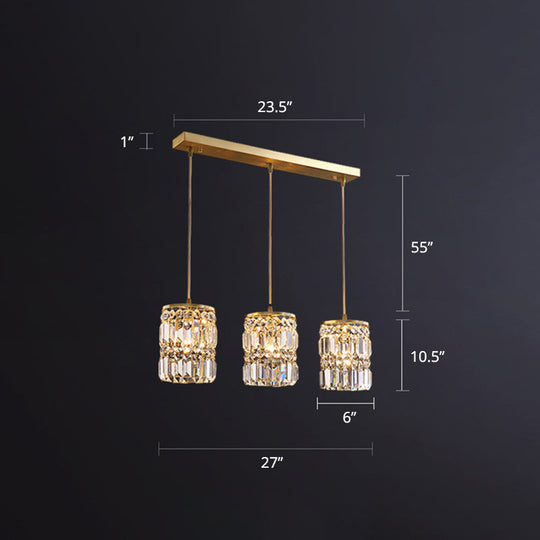 Minimalist Gold Pendant Light Fixture: Crystal Cylindrical Multi-Light Pendant, 3-Light Hanging Design for Dining Room
