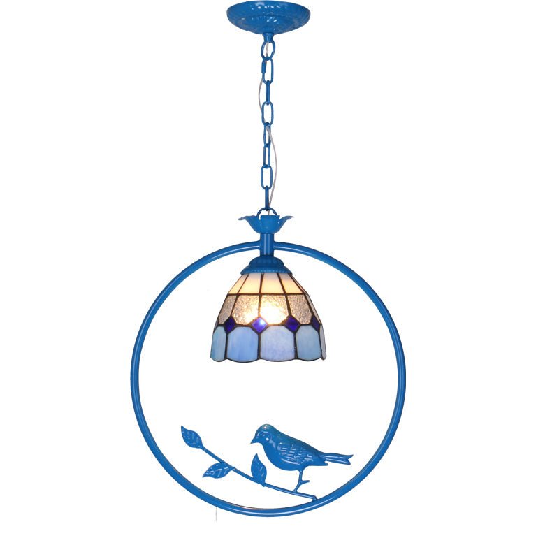 Lampe de plafond à suspension vintage en verre Tiffany - Lampe à pendule à anneau bleu pour chambre à coucher