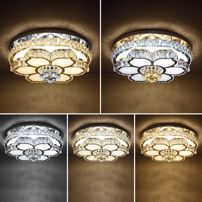 Plafonnier LED moderne en cristal blanc avec motif de fleur pour salon avec design encastré