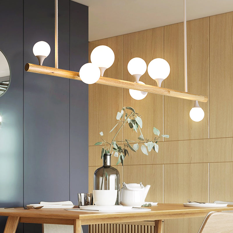 Minimalist Wood Island Pendant Light With Opal Glass Balls - Perfect For Restaurants