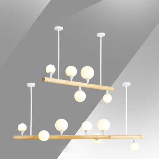 Minimalist Wood Island Pendant Light With Opal Glass Balls - Perfect For Restaurants