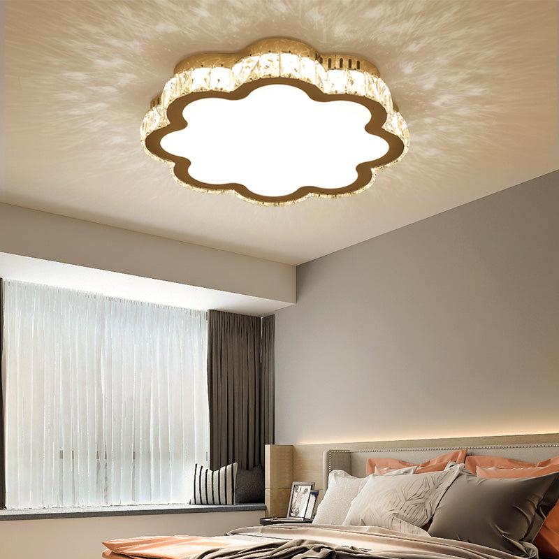 Prismatic K9 Crystal Ceiling Light: Elegant White Flush Mount LED for Bedroom