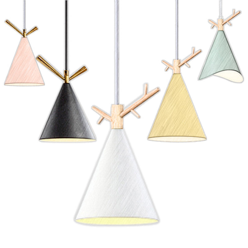 Nordic Conical Pendant With Antler Deco - Metallic Hang Light For Dining Room Ceiling