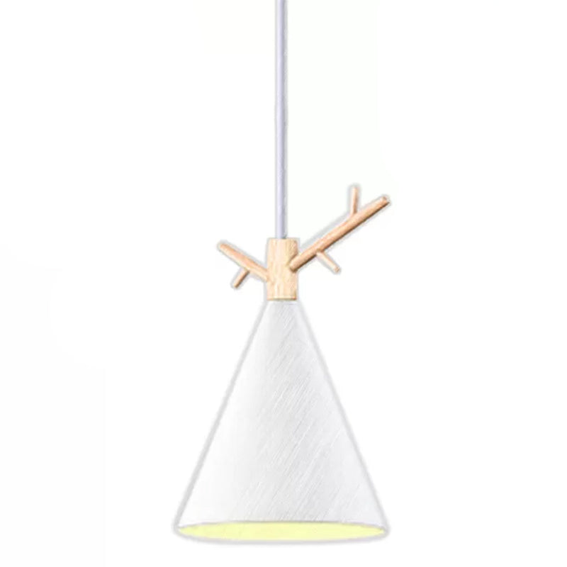Nordic Conical Pendant With Antler Deco - Metallic Hang Light For Dining Room Ceiling White