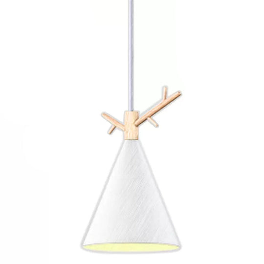 Nordic Conical Pendant With Antler Deco - Metallic Hang Light For Dining Room Ceiling White