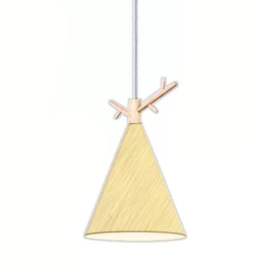 Nordic Conical Pendant With Antler Deco - Metallic Hang Light For Dining Room Ceiling Yellow