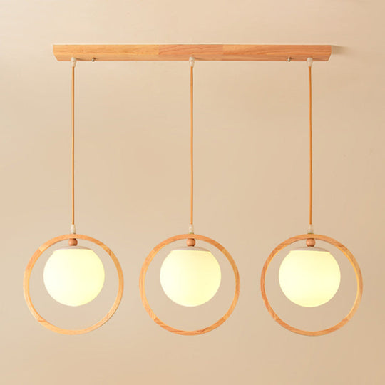 Nordic Style Opaline Glass Ball Pendant Light With Wooden Ring In Beige 3 / Wood