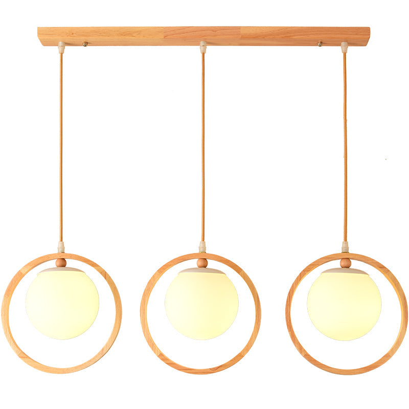 Nordic Style Opaline Glass Ball Pendant Light With Wooden Ring In Beige