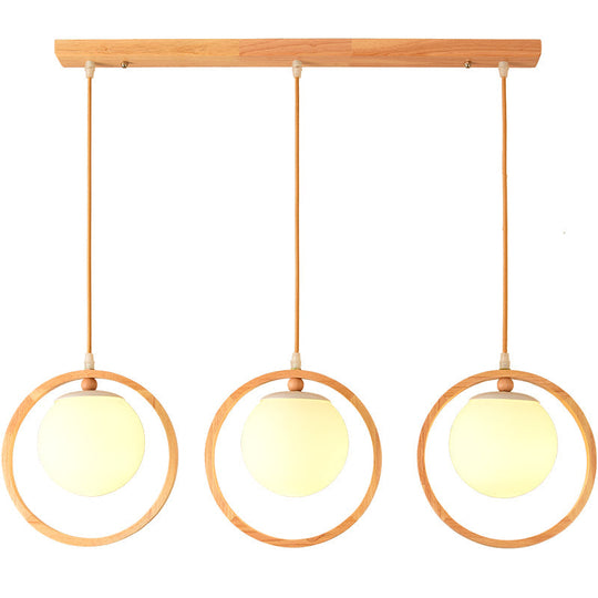 Nordic Style Opaline Glass Ball Pendant Light With Wooden Ring In Beige