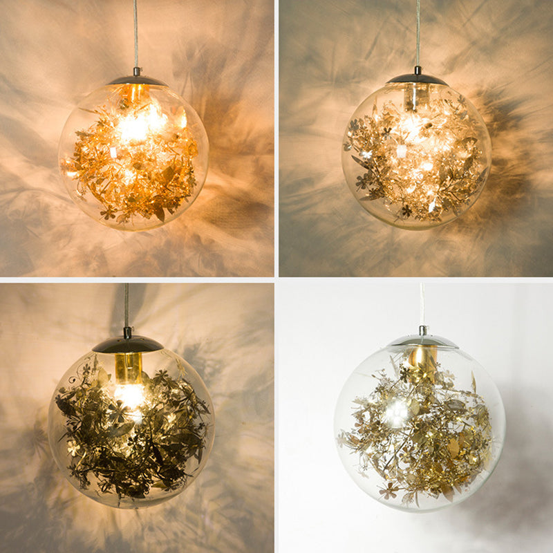 Clear Glass Pendant Light With Foil Flower - Perfect For Dining Room
