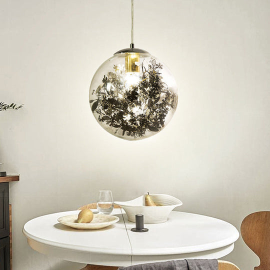 Clear Glass Pendant Light With Foil Flower - Perfect For Dining Room Black / 8