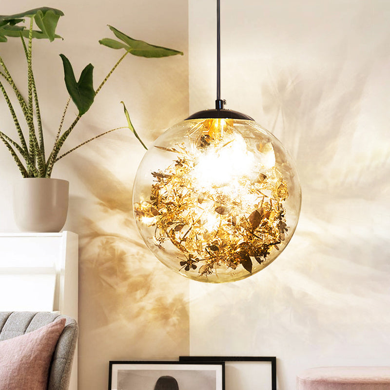 Clear Glass Pendant Light with Elegant Foil Flower for Dining Room
