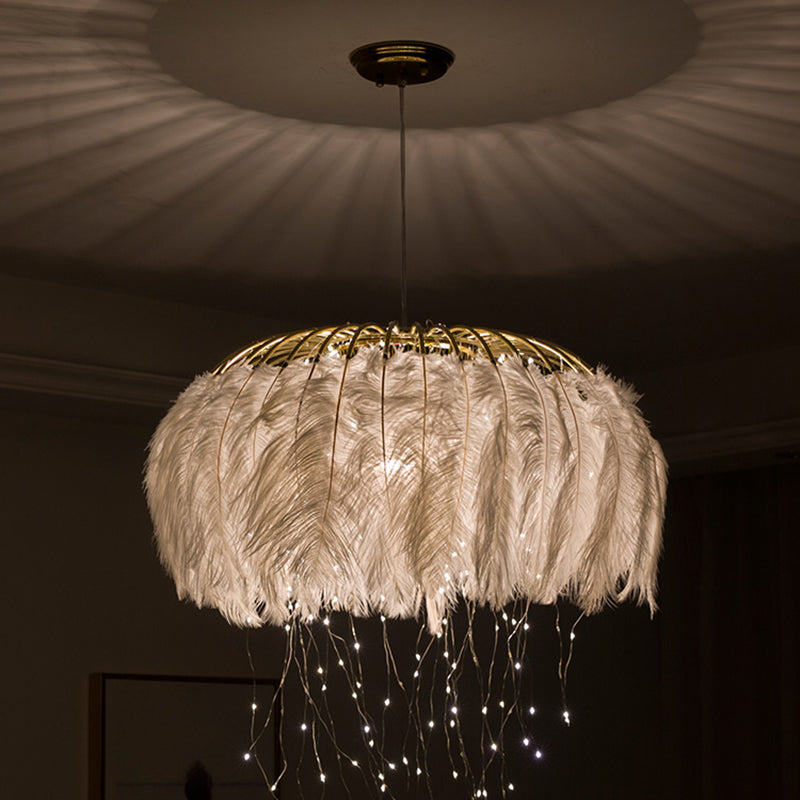 Nordic Feather Bedroom Ceiling Pendant Light: Round Chandelier With Firefly Led String