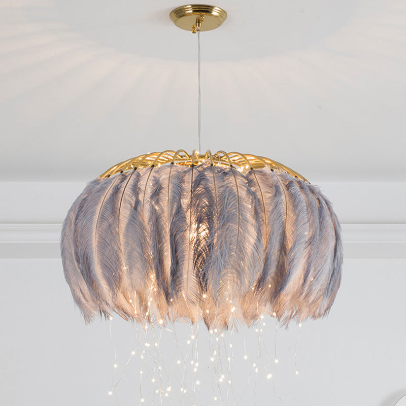 Nordic Feather Bedroom Ceiling Pendant Light: Round Chandelier With Firefly Led String Grey / 19.5