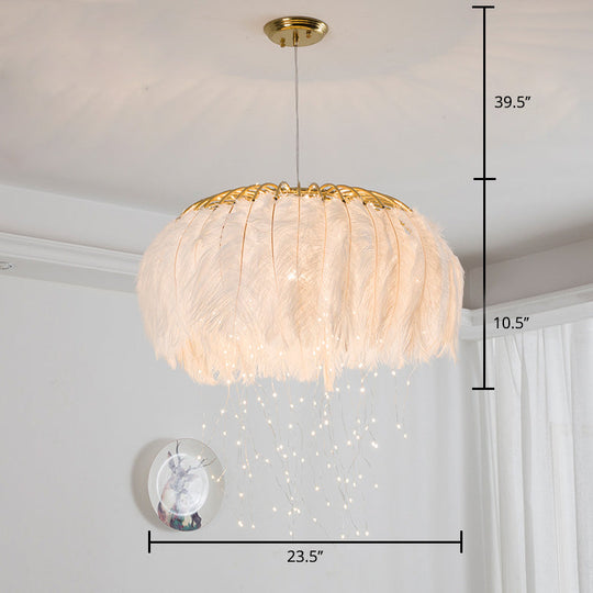 Nordic Feather Round Chandelier - LED Pendant Light for Bedroom with Firefly String