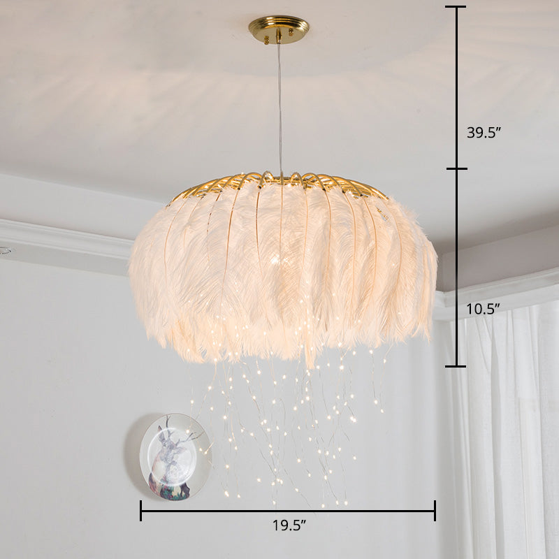 Nordic Feather Bedroom Ceiling Pendant Light: Round Chandelier With Firefly Led String