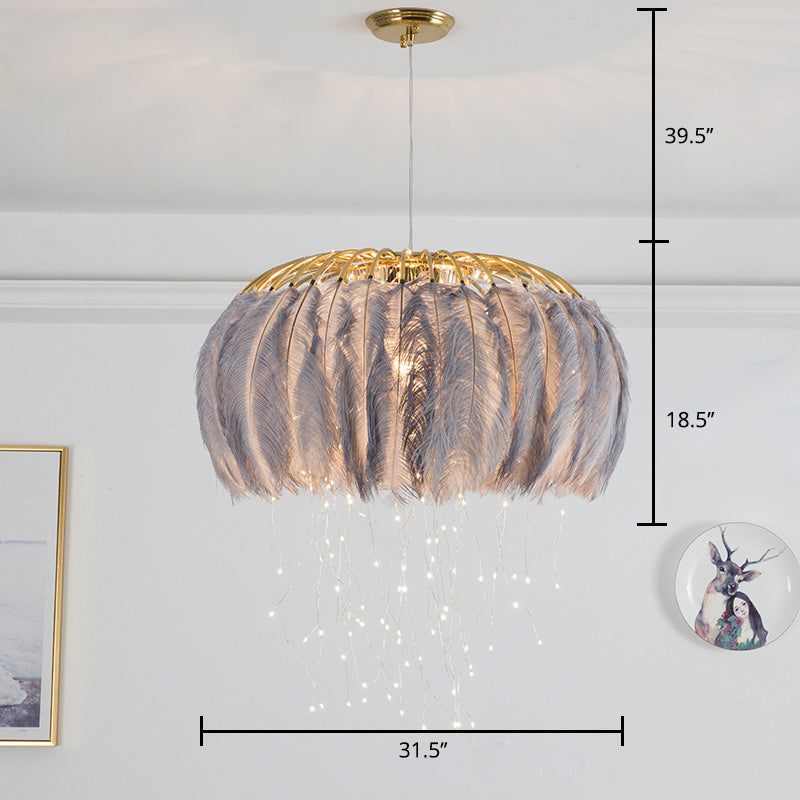 Nordic Feather Bedroom Ceiling Pendant Light: Round Chandelier With Firefly Led String