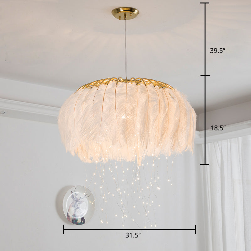 Nordic Feather Round Chandelier - LED Pendant Light for Bedroom with Firefly String