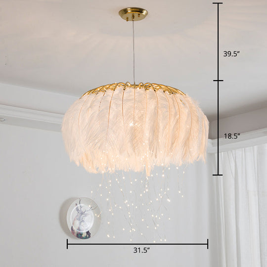 Nordic Feather Bedroom Ceiling Pendant Light: Round Chandelier With Firefly Led String