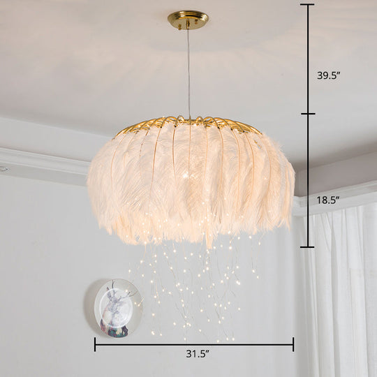 Nordic Feather Round Chandelier - LED Pendant Light for Bedroom with Firefly String