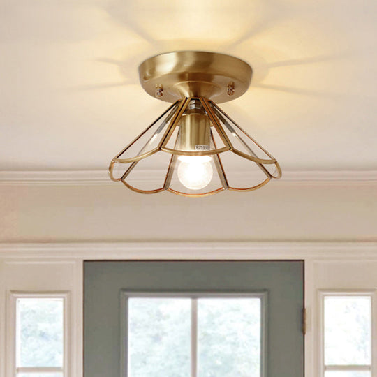 Vintage Glass Conical Foyer Ceiling Light with Scalloped Edge - Brass Flush Mount, 1 Bulb