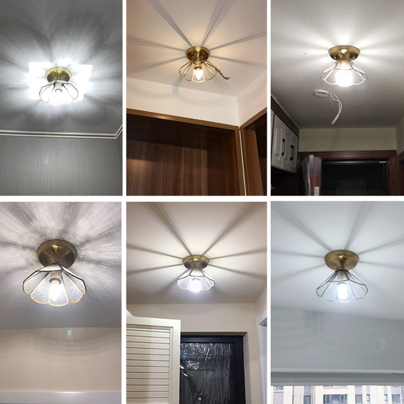 Vintage Glass Conical Foyer Ceiling Light with Scalloped Edge - Brass Flush Mount, 1 Bulb