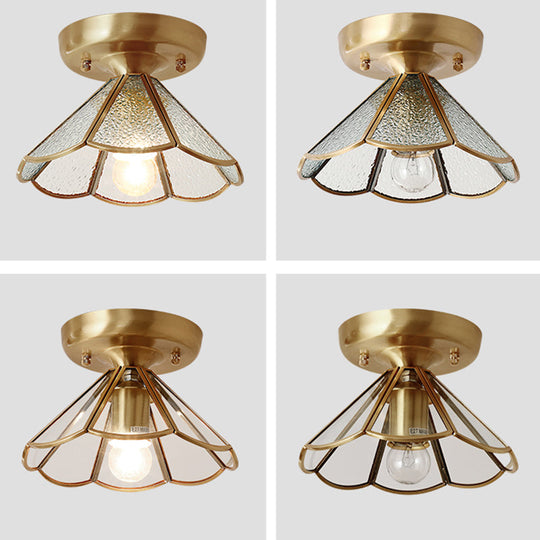 Vintage Glass Conical Foyer Ceiling Light with Scalloped Edge - Brass Flush Mount, 1 Bulb