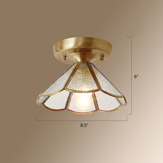 Vintage Glass Conical Foyer Ceiling Light with Scalloped Edge - Brass Flush Mount, 1 Bulb