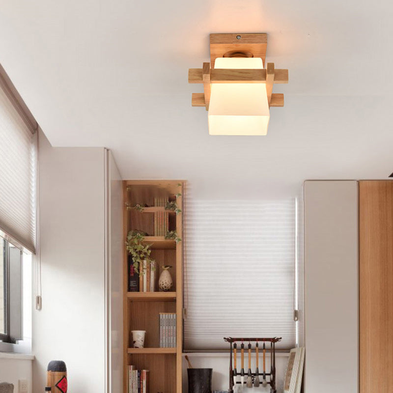 Modern Wood Flush Mount Lamp - White Glass with Trapezoid Design