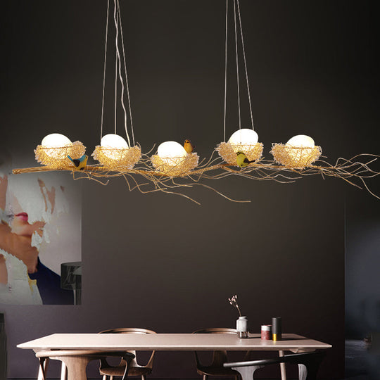 Artistic Aluminum Wire Nest Island Lamp With Wood Egg And Bird: A Unique Suspension For Dining Room