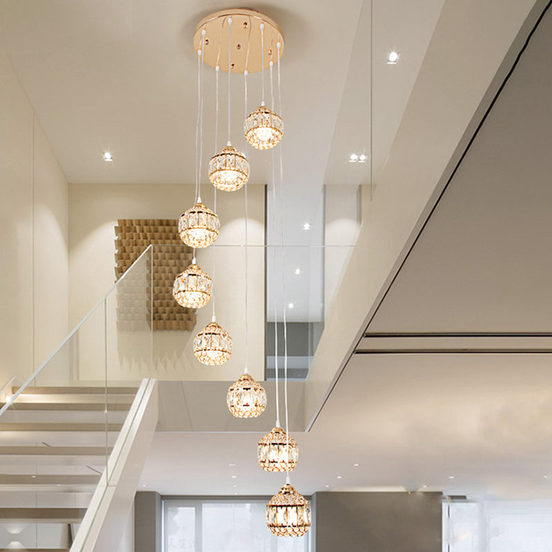 Gold Crystal Encrusted Sphere Pendant – Modern Style Ceiling Hanging Lantern for Staircase