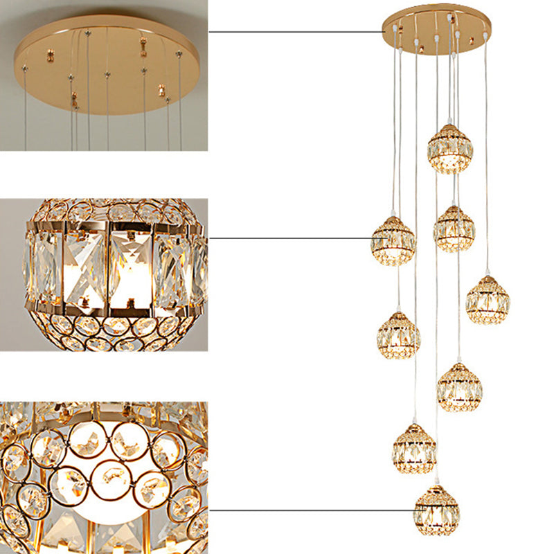 Gold Crystal Encrusted Sphere Pendant – Modern Style Ceiling Hanging Lantern for Staircase