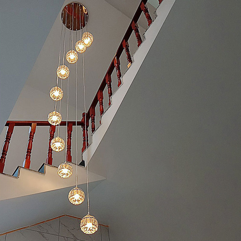 Gold Crystal Encrusted Sphere Pendant – Modern Style Ceiling Hanging Lantern for Staircase