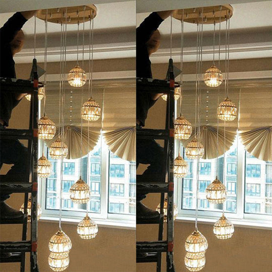 Gold Crystal Encrusted Sphere Pendant – Modern Style Ceiling Hanging Lantern for Staircase