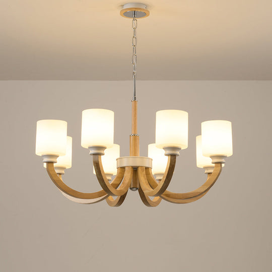 Minimalist Brown Wooden Arc Arm Chandelier With Cylindrical White Glass Shade 8 / Wood