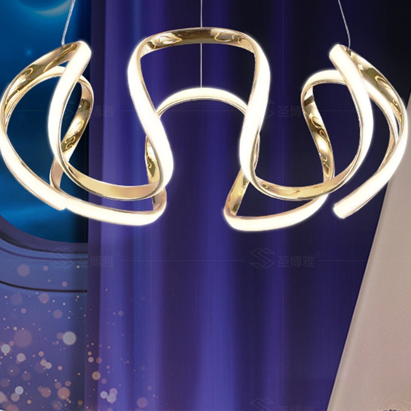 Gold Metal Bedroom Pendant Light - Minimalistic Curved Chandelier With Led Hanging Lamp