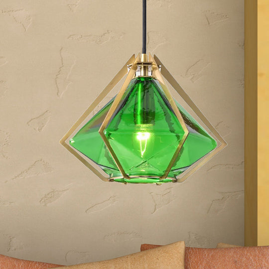 Modern Glass Diamond Pendant Light - Green/Clear/Textured White - 1 Light - Stout/Linear/Bell Metal Cage