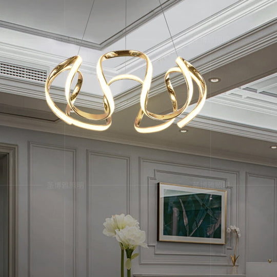 Gold Metal Bedroom Pendant Light - Minimalistic Curved Chandelier With Led Hanging Lamp