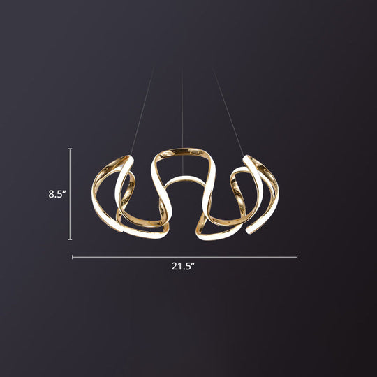 Gold Metal Bedroom Pendant Light - Minimalistic Curved Chandelier With Led Hanging Lamp